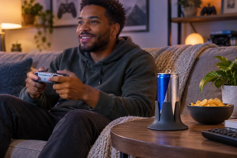 Adult console gamer on sofa energy can on broad stable side table within reach controller in hands. AI lifestyle illustration.