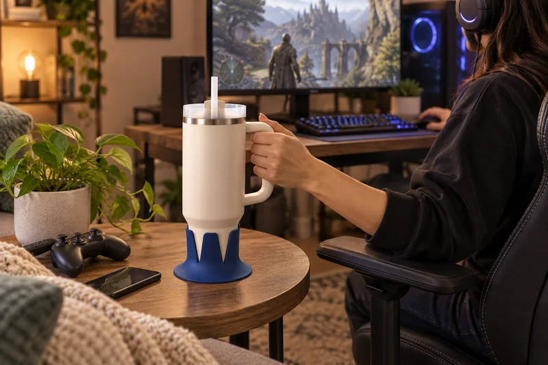 Adult PC gamer straw tumbler on separate side table outside mouse sweep and cables. AI lifestyle illustration.