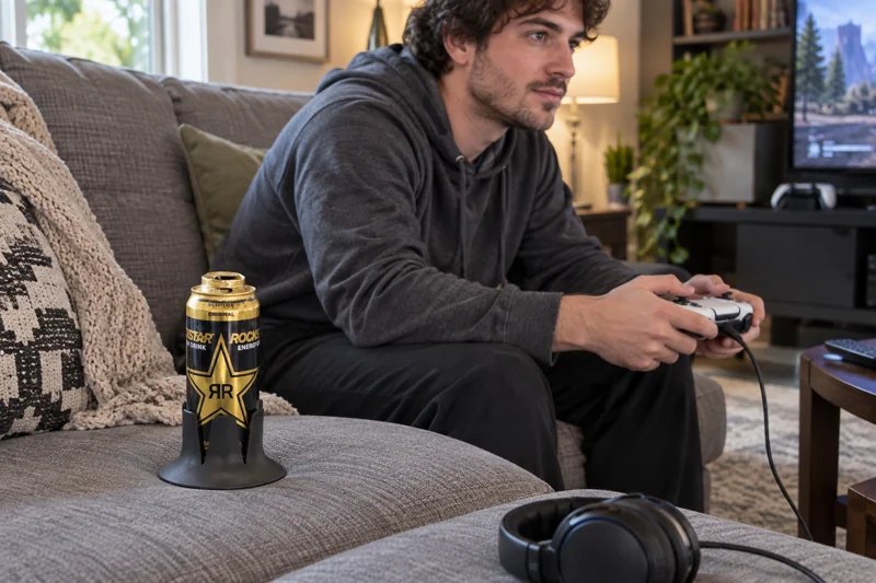 Adult console gamer on living-room sofa with opened energy-drink can in Steadi on broad firm level couch cushion near seated player, cables clear. AI illustration.