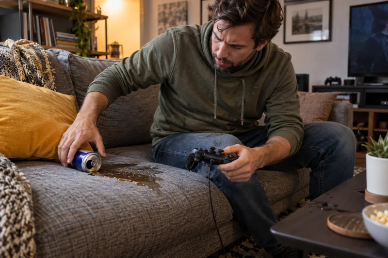 Leaning to pick up controller cable catches can; drink wets sofa cushion and controller area. AI illustration.